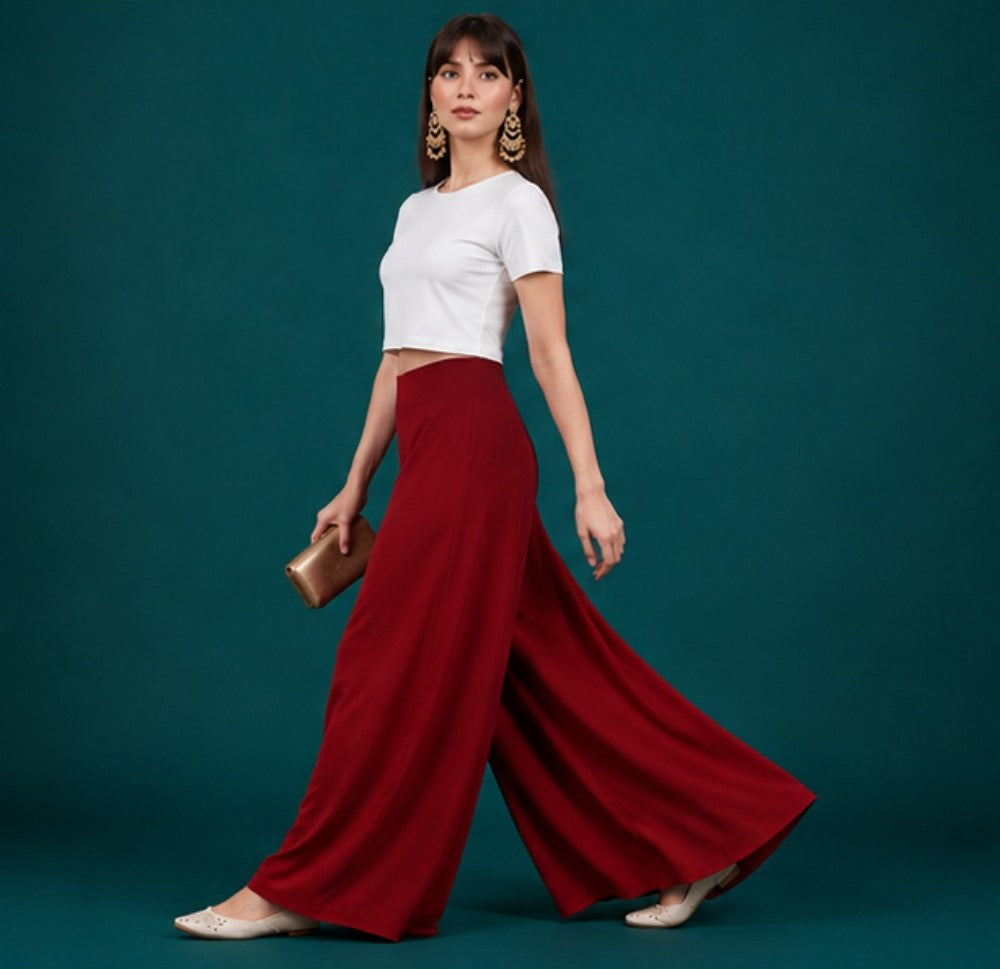 Generic Women's Georgette Solid Mid-Rise Wide Leg Flared Palazzo with Elastic Waist (Maroon)