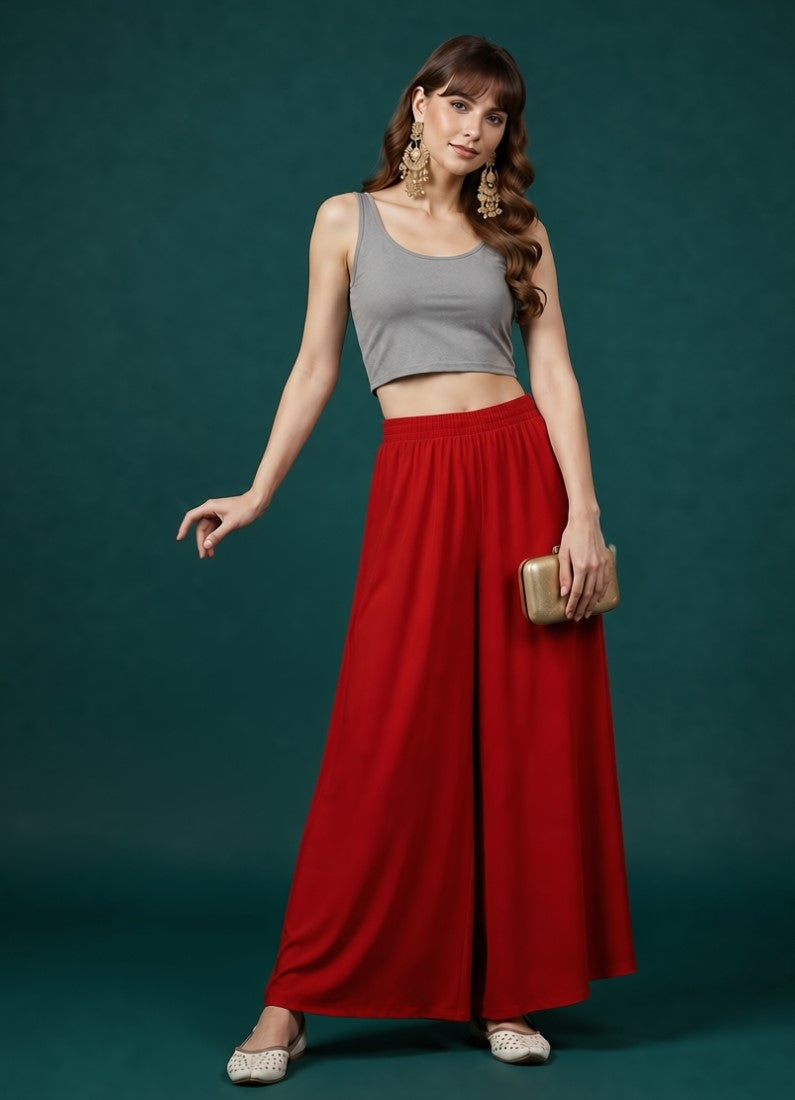 Generic Women's Georgette Solid Mid-Rise Wide Leg Flared Palazzo with Elastic Waist (Red)