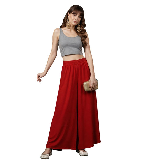 Generic Women's Georgette Solid Mid-Rise Wide Leg Flared Palazzo with Elastic Waist (Red)