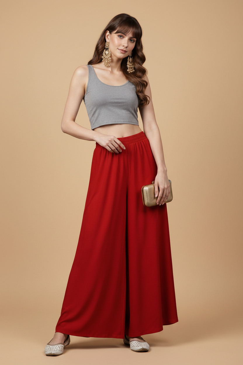 Generic Women's Georgette Solid Mid-Rise Wide Leg Flared Palazzo with Elastic Waist (Red)