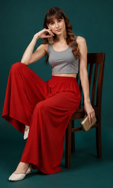 Generic Women's Georgette Solid Mid-Rise Wide Leg Flared Palazzo with Elastic Waist (Red)