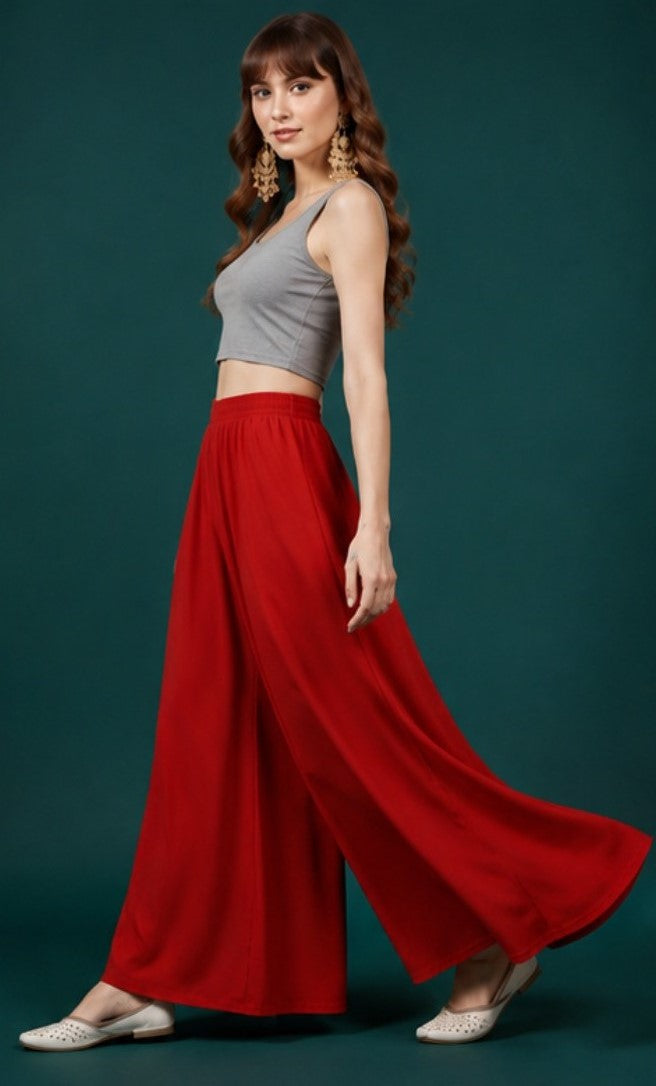 Generic Women's Georgette Solid Mid-Rise Wide Leg Flared Palazzo with Elastic Waist (Red)