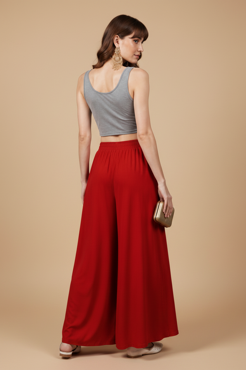 Generic Women's Georgette Solid Mid-Rise Wide Leg Flared Palazzo with Elastic Waist (Red)