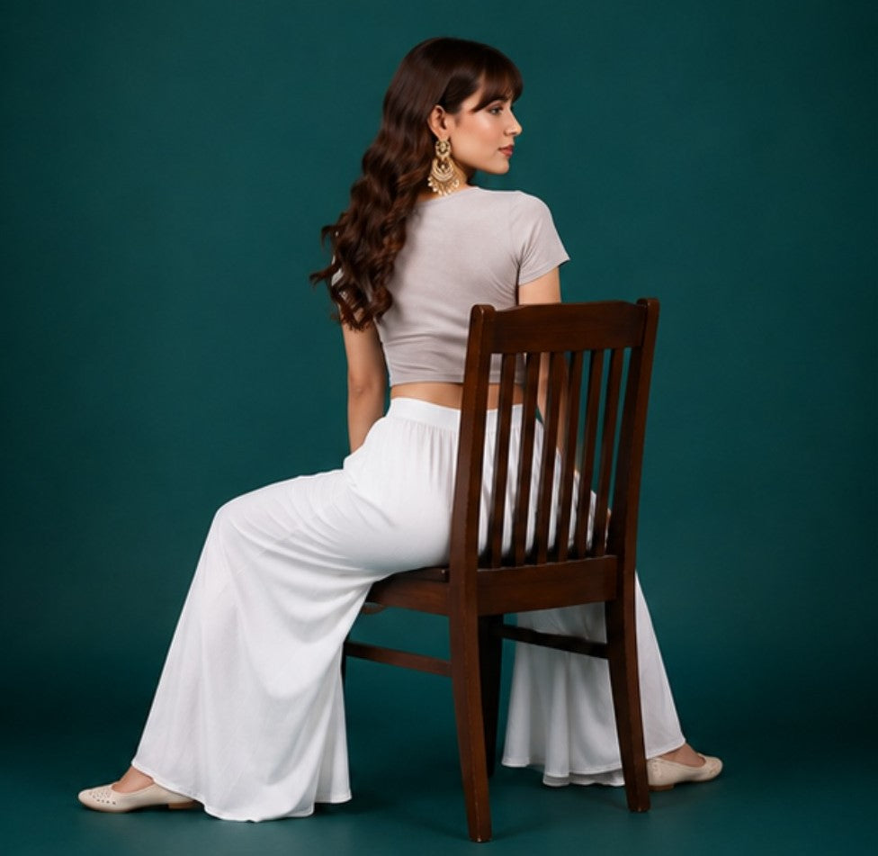 Generic Women's Georgette Solid Mid-Rise Wide Leg Flared Palazzo with Elastic Waist (White)