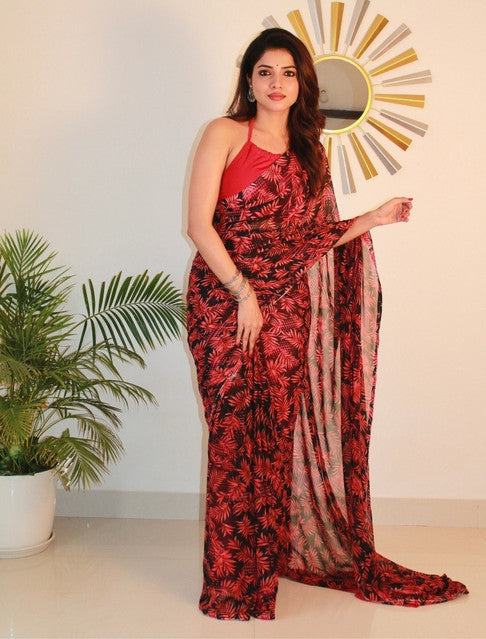 Snuggle SpotWomen's Georgette Printed Saree With Unstitched Blouse 5.5Mtr (Black-Red)