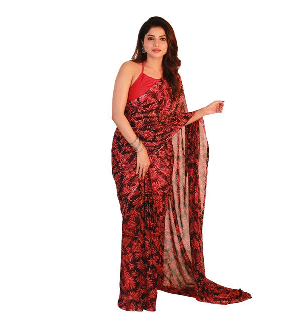 Snuggle SpotWomen's Georgette Printed Saree With Unstitched Blouse 5.5Mtr (Black-Red)