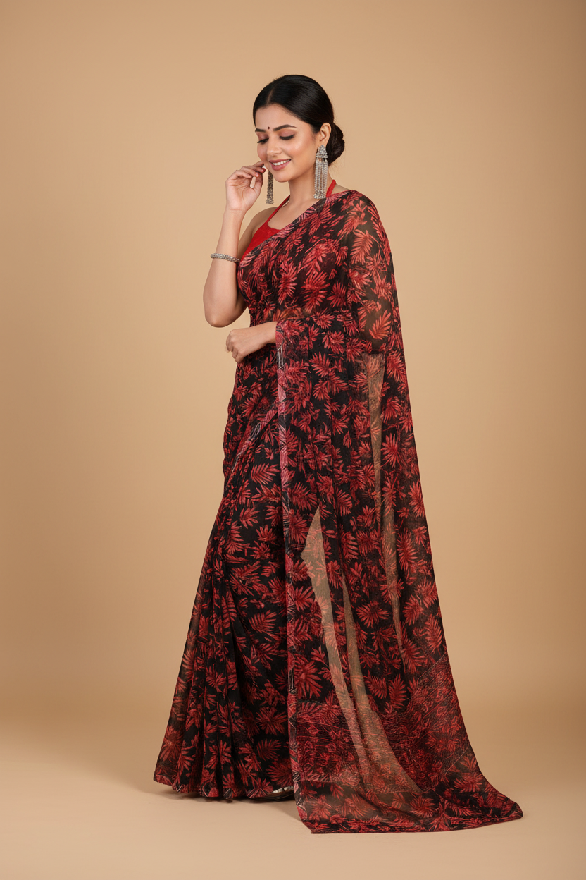 Snuggle Spot Women's Georgette Printed Saree With Unstitched Blouse 5.5Mtr (Black-Red)