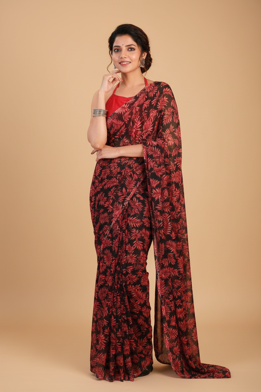 Snuggle Spot Women's Georgette Printed Saree With Unstitched Blouse 5.5Mtr (Black-Red)
