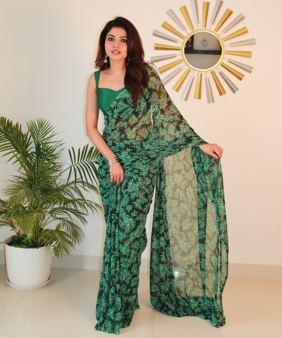 Snuggle SpotWomen's Georgette Printed Saree With Unstitched Blouse 5.5Mtr (Black-Green)