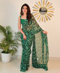 Snuggle SpotWomen's Georgette Printed Saree With Unstitched Blouse 5.5Mtr (Black-Green)