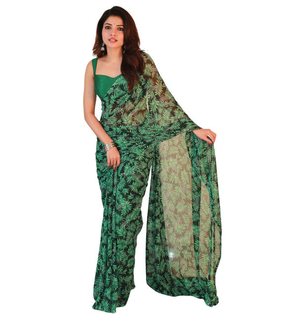 Snuggle SpotWomen's Georgette Printed Saree With Unstitched Blouse 5.5Mtr (Black-Green)