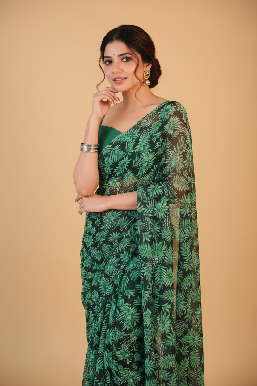 Snuggle Spot Women's Georgette Printed Saree With Unstitched Blouse 5.5Mtr (Black-Green)