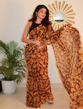 Snuggle SpotWomen's Georgette Printed Saree With Unstitched Blouse 5.5Mtr (Black-Yellow)