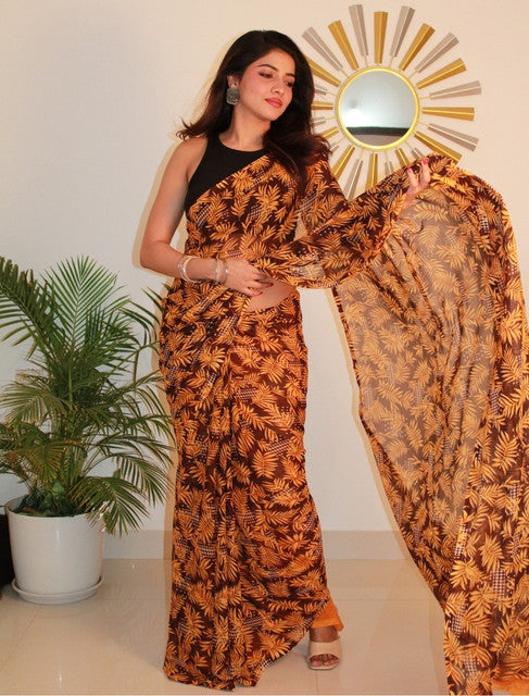 Snuggle SpotWomen's Georgette Printed Saree With Unstitched Blouse 5.5Mtr (Black-Yellow)