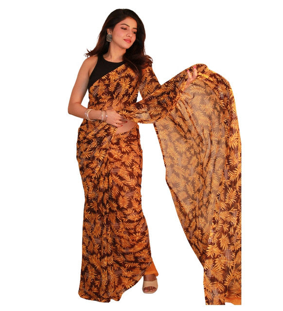 Snuggle SpotWomen's Georgette Printed Saree With Unstitched Blouse 5.5Mtr (Black-Yellow)
