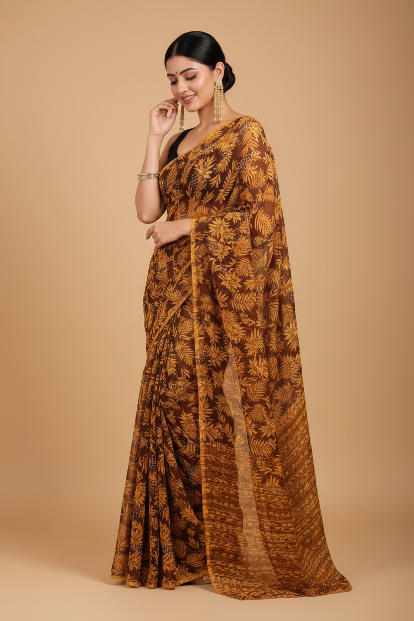 Snuggle Spot Women's Georgette Printed Saree With Unstitched Blouse 5.5Mtr (Black-Yellow)