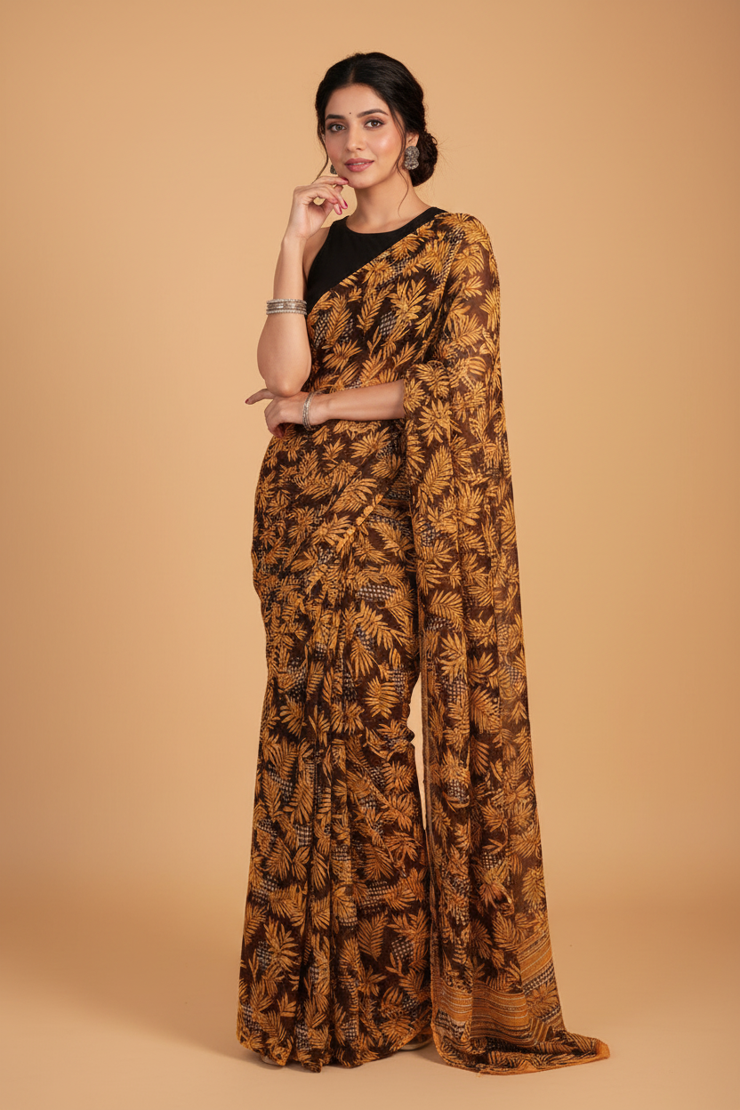 Snuggle Spot Women's Georgette Printed Saree With Unstitched Blouse 5.5Mtr (Black-Yellow)