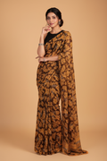 Snuggle Spot Women's Georgette Printed Saree With Unstitched Blouse 5.5Mtr (Black-Yellow)