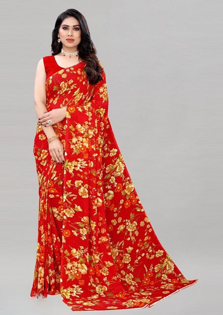 Snuggle SpotWomen's Georgette Floral Printed Saree With Unstitched Blouse 5.5Mtr (Red)