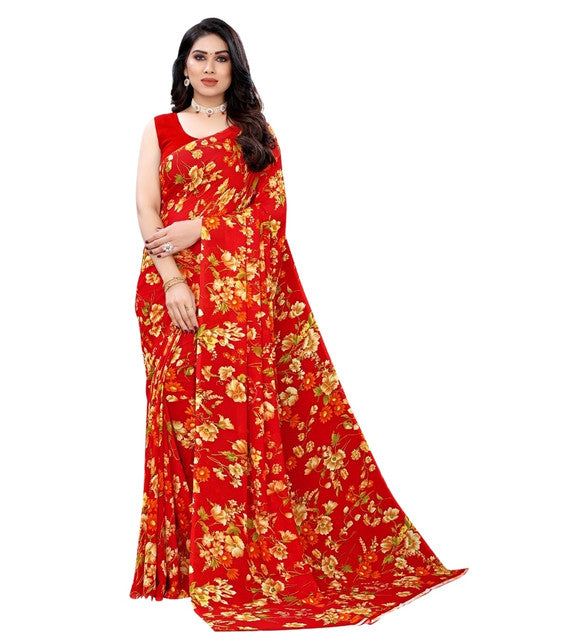 Snuggle SpotWomen's Georgette Floral Printed Saree With Unstitched Blouse 5.5Mtr (Red)