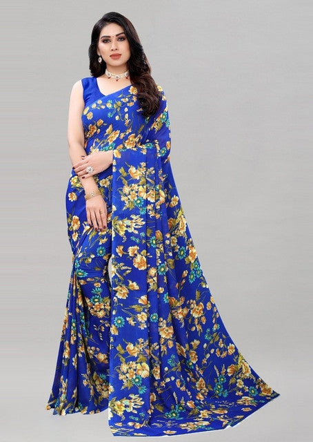 Snuggle SpotWomen's Georgette Floral Printed Saree With Unstitched Blouse 5.5Mtr (Royal Blue)