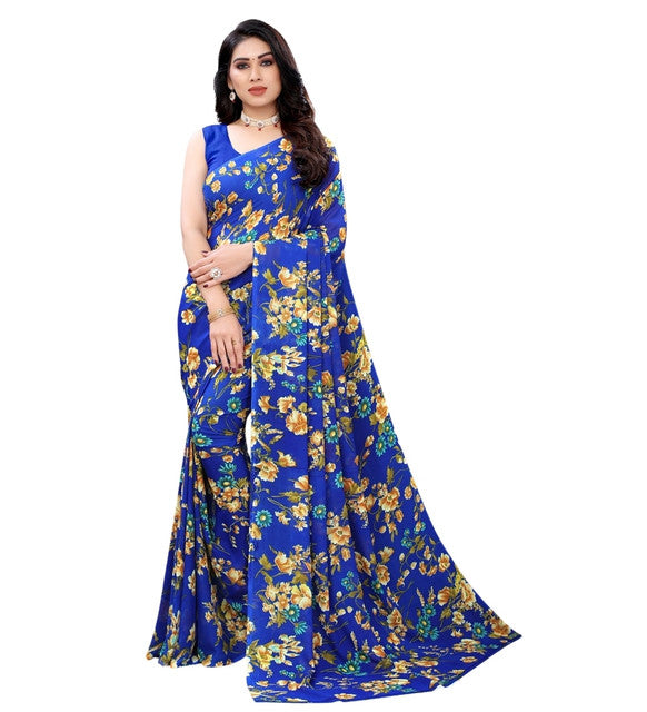 Snuggle SpotWomen's Georgette Floral Printed Saree With Unstitched Blouse 5.5Mtr (Royal Blue)