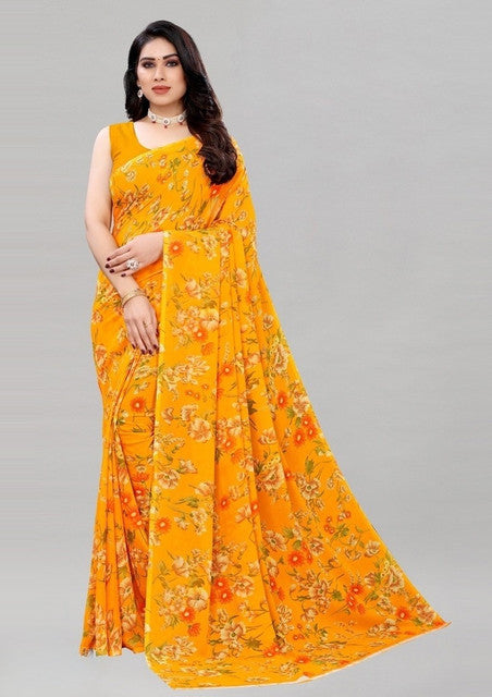 Snuggle SpotWomen's Georgette Floral Printed Saree With Unstitched Blouse 5.5Mtr (Yellow)