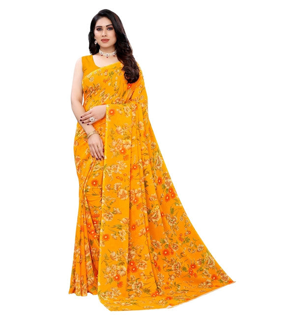Snuggle SpotWomen's Georgette Floral Printed Saree With Unstitched Blouse 5.5Mtr (Yellow)