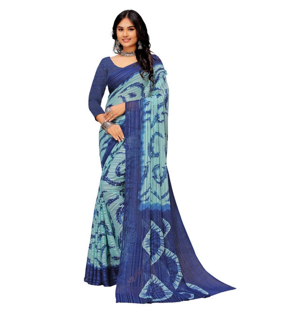 Snuggle SpotWomen's Georgette Striped Printed Saree With Unstitched Blouse 5.5Mtr (Blue)