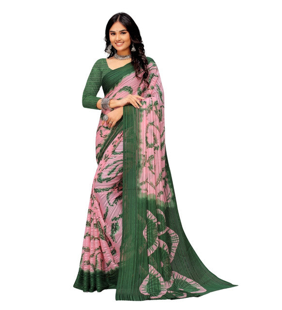 Snuggle SpotWomen's Georgette Striped Printed Saree With Unstitched Blouse 5.5Mtr (Pink-Green)