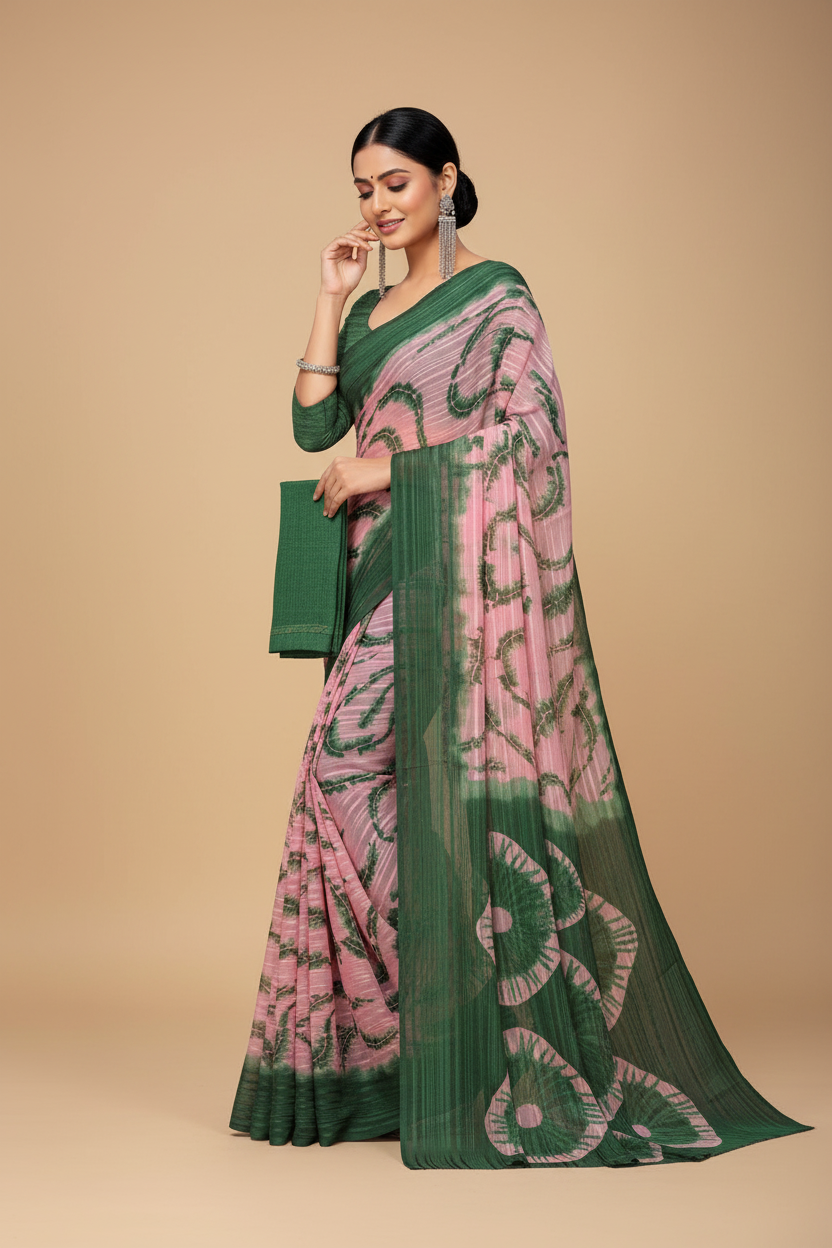 Snuggle Spot Women's Georgette Striped Printed Saree With Unstitched Blouse 5.5Mtr (Pink-Green)