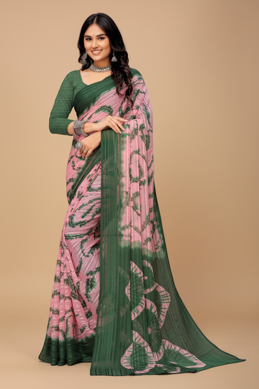 Snuggle Spot Women's Georgette Striped Printed Saree With Unstitched Blouse 5.5Mtr (Pink-Green)