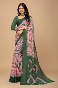 Snuggle Spot Women's Georgette Striped Printed Saree With Unstitched Blouse 5.5Mtr (Pink-Green)