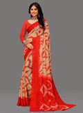 Snuggle SpotWomen's Georgette Striped Printed Saree With Unstitched Blouse 5.5Mtr (Red-Beige)