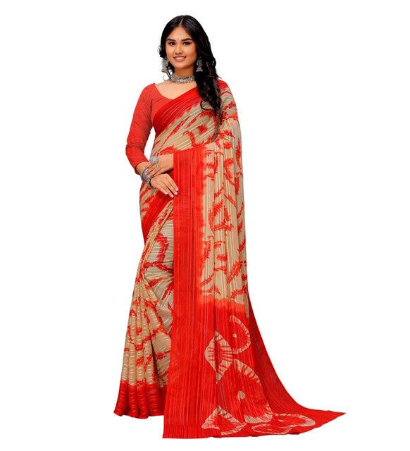 Snuggle SpotWomen's Georgette Striped Printed Saree With Unstitched Blouse 5.5Mtr (Red-Beige)