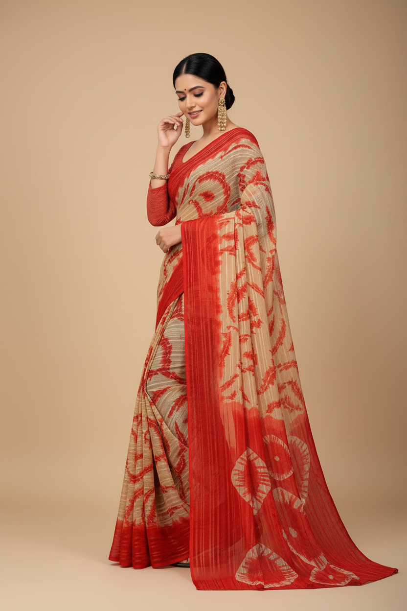 Snuggle Spot Women's Georgette Striped Printed Saree With Unstitched Blouse 5.5Mtr (Red-Beige)