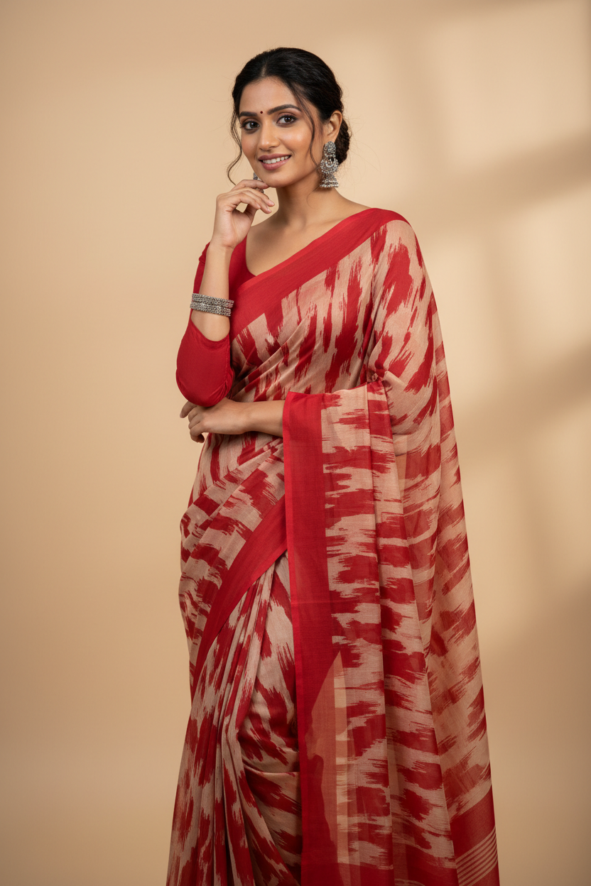 Snuggle Spot Women's Georgette Striped Printed Saree With Unstitched Blouse 5.5Mtr (Red-Beige)
