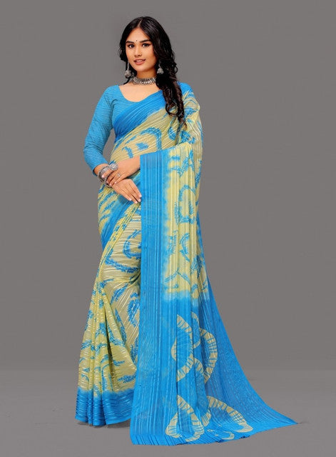Snuggle SpotWomen's Georgette Striped Printed Saree With Unstitched Blouse 5.5Mtr (Blue-Pale Yellow)