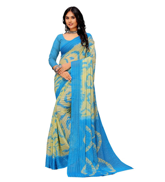 Snuggle SpotWomen's Georgette Striped Printed Saree With Unstitched Blouse 5.5Mtr (Blue-Pale Yellow)