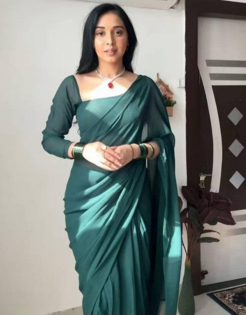 Snuggle SpotWomen's Georgette Solid Saree With Unstitched Blouse 5.5Mtr (Dark Green)