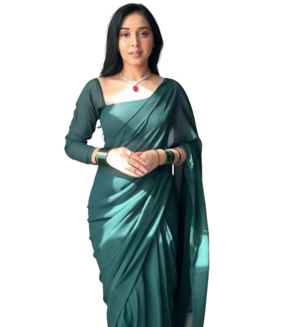Snuggle SpotWomen's Georgette Solid Saree With Unstitched Blouse 5.5Mtr (Dark Green)