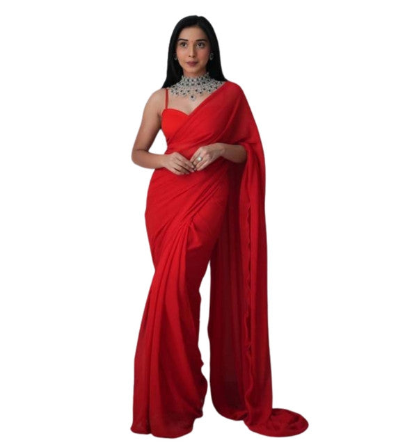 Snuggle SpotWomen's Georgette Solid Saree With Unstitched Blouse 5.5Mtr (Red)