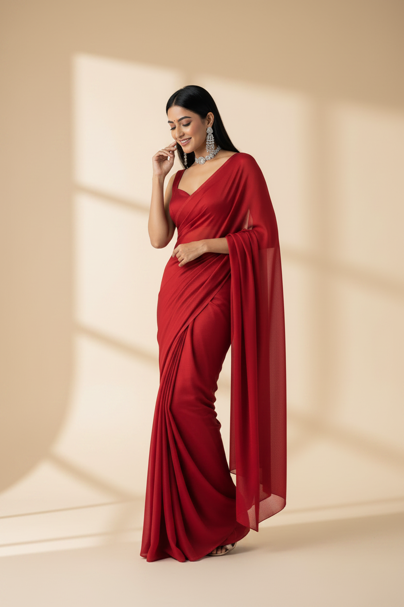 Snuggle Spot Women's Georgette Solid Saree With Unstitched Blouse 5.5Mtr (Red)