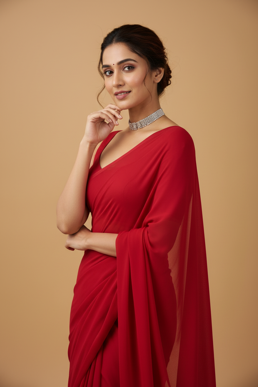 Snuggle Spot Women's Georgette Solid Saree With Unstitched Blouse 5.5Mtr (Red)