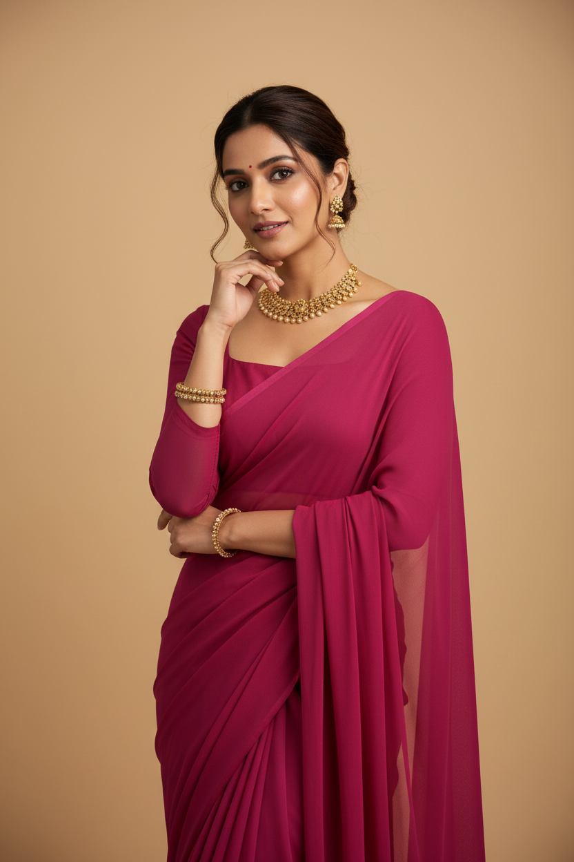Snuggle Spot Women's Georgette Solid Saree With Unstitched Blouse 5.5Mtr (Pink)
