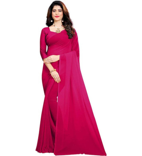 Snuggle SpotWomen's Georgette Solid Saree With Unstitched Blouse 5.5Mtr (Pink)