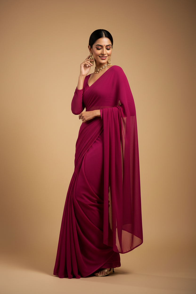 Snuggle Spot Women's Georgette Solid Saree With Unstitched Blouse 5.5Mtr (Pink)