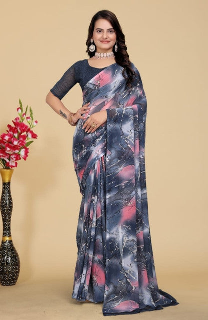 Snuggle SpotWomen's Georgette Printed Saree With Unstitched Blouse 5.5Mtr (Grey-Pink)