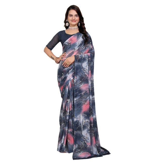 Snuggle SpotWomen's Georgette Printed Saree With Unstitched Blouse 5.5Mtr (Grey-Pink)