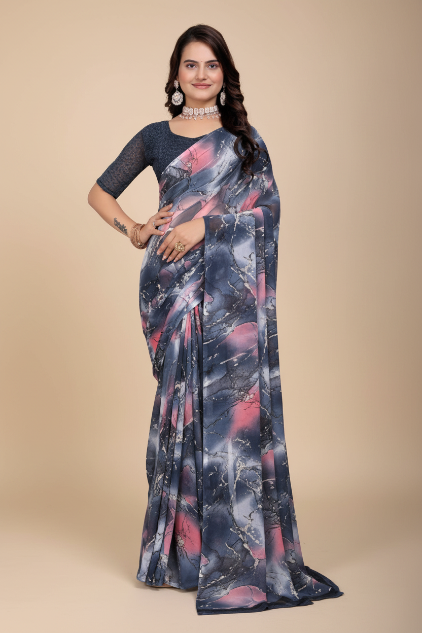 Snuggle Spot Women's Georgette Printed Saree With Unstitched Blouse 5.5Mtr (Grey-Pink)